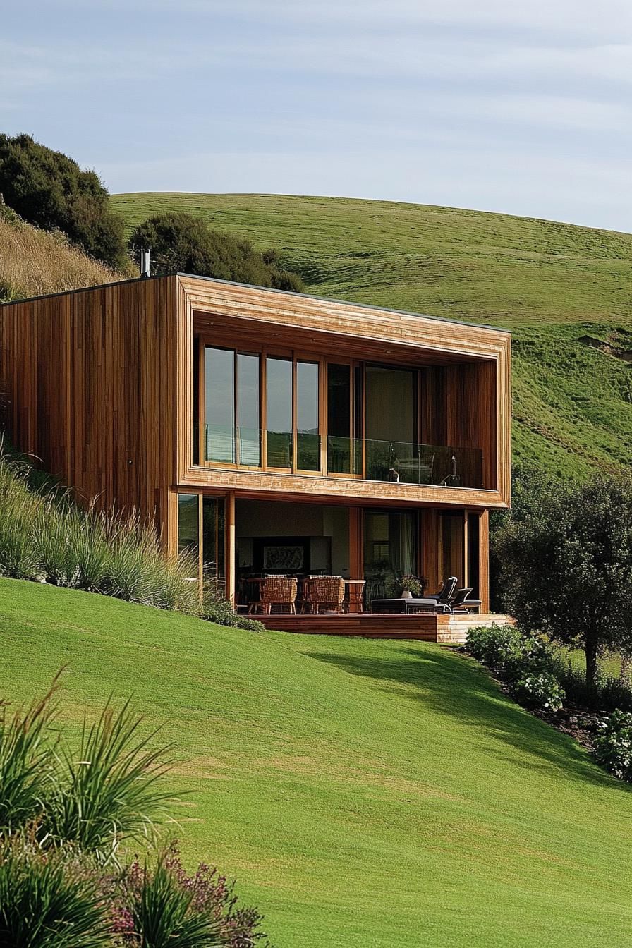 modern earth bermed house with wood cladding facade built into a hill in picturesque New Zealandean valley 2