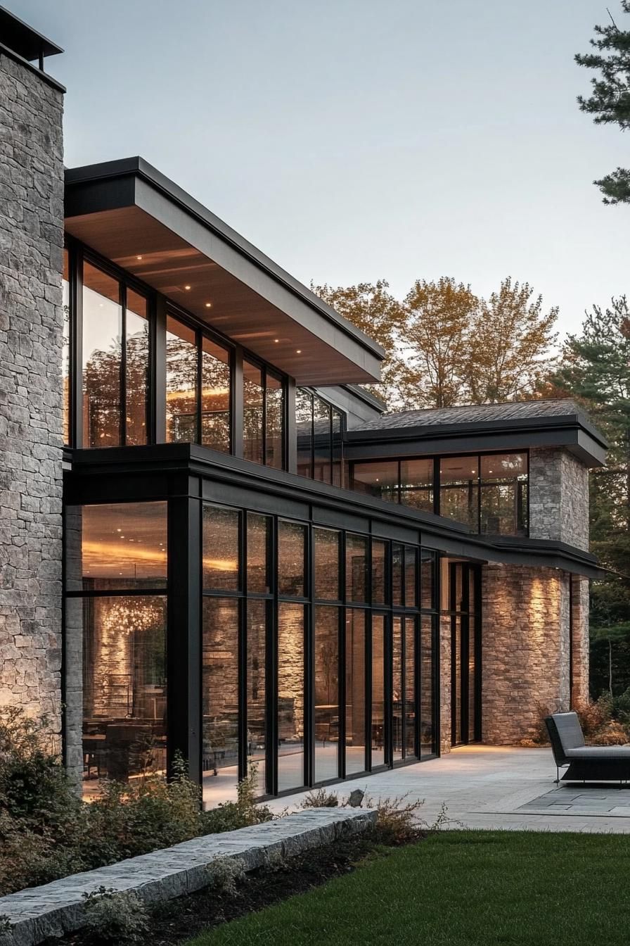 modern rural house stone facade with large glass windows 2