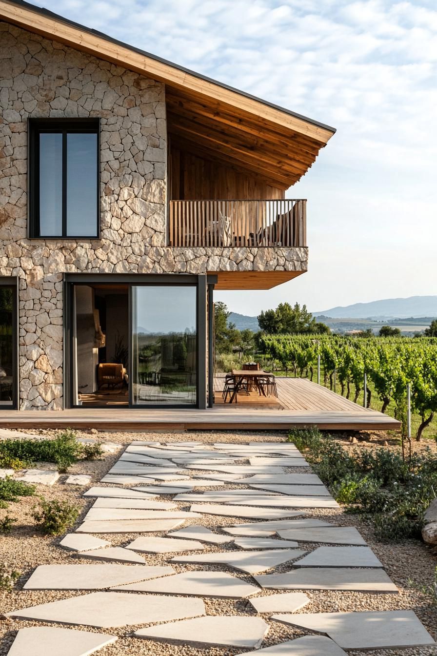 modern French chalet house facade with geometric stone ground floor and timber chalet second floor provencal vineyard in the background 1