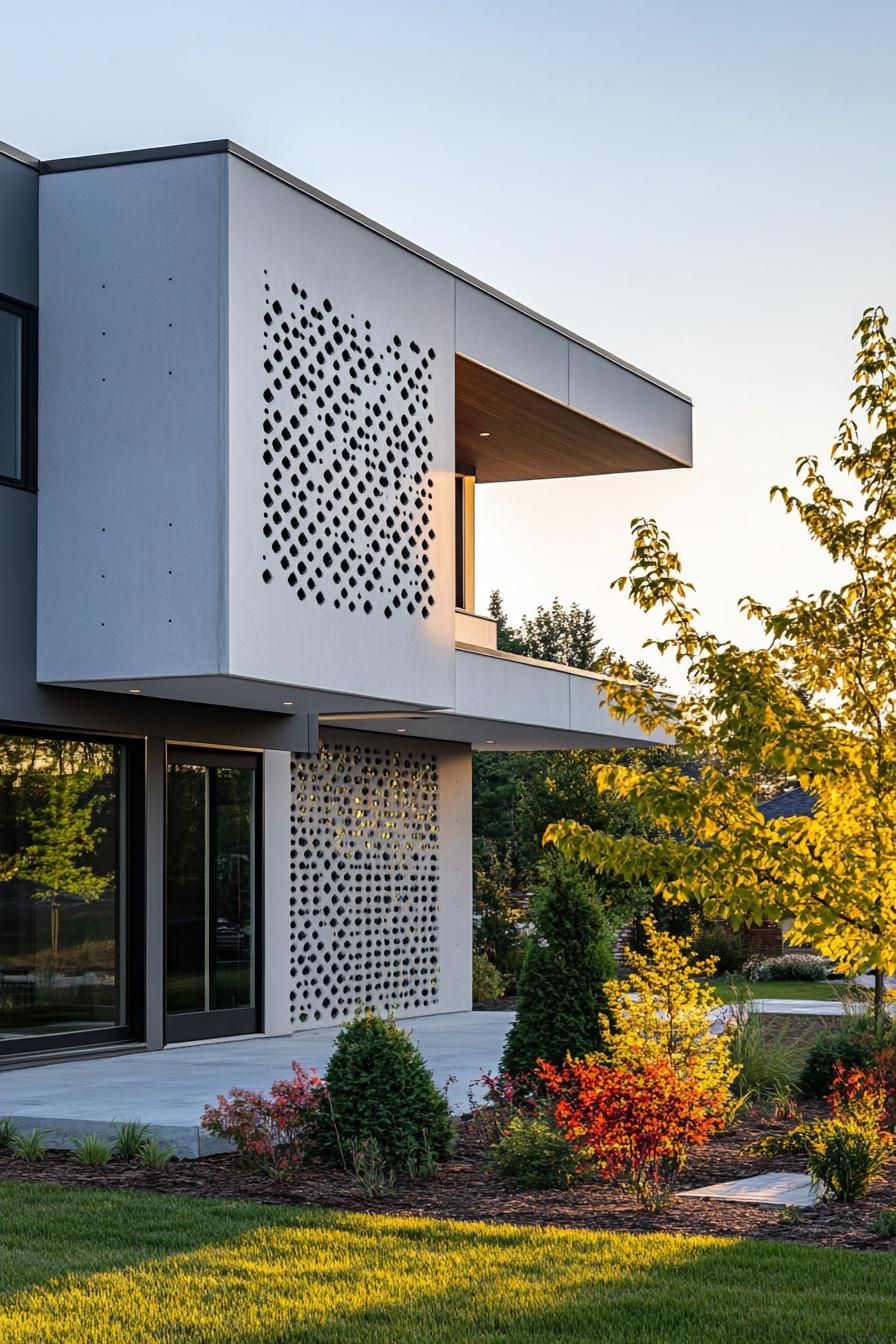 modern house with precast concrete facade with geometric patterns suburban neighborhood in summer 2