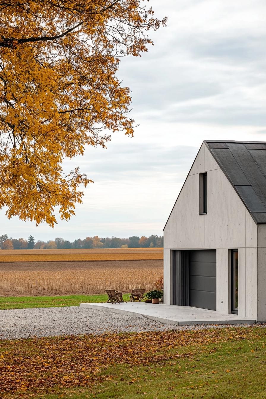 modern 90s house with concrete facade cozy front porch and metal garage door picturesque farmland fields in autumn in the background 1