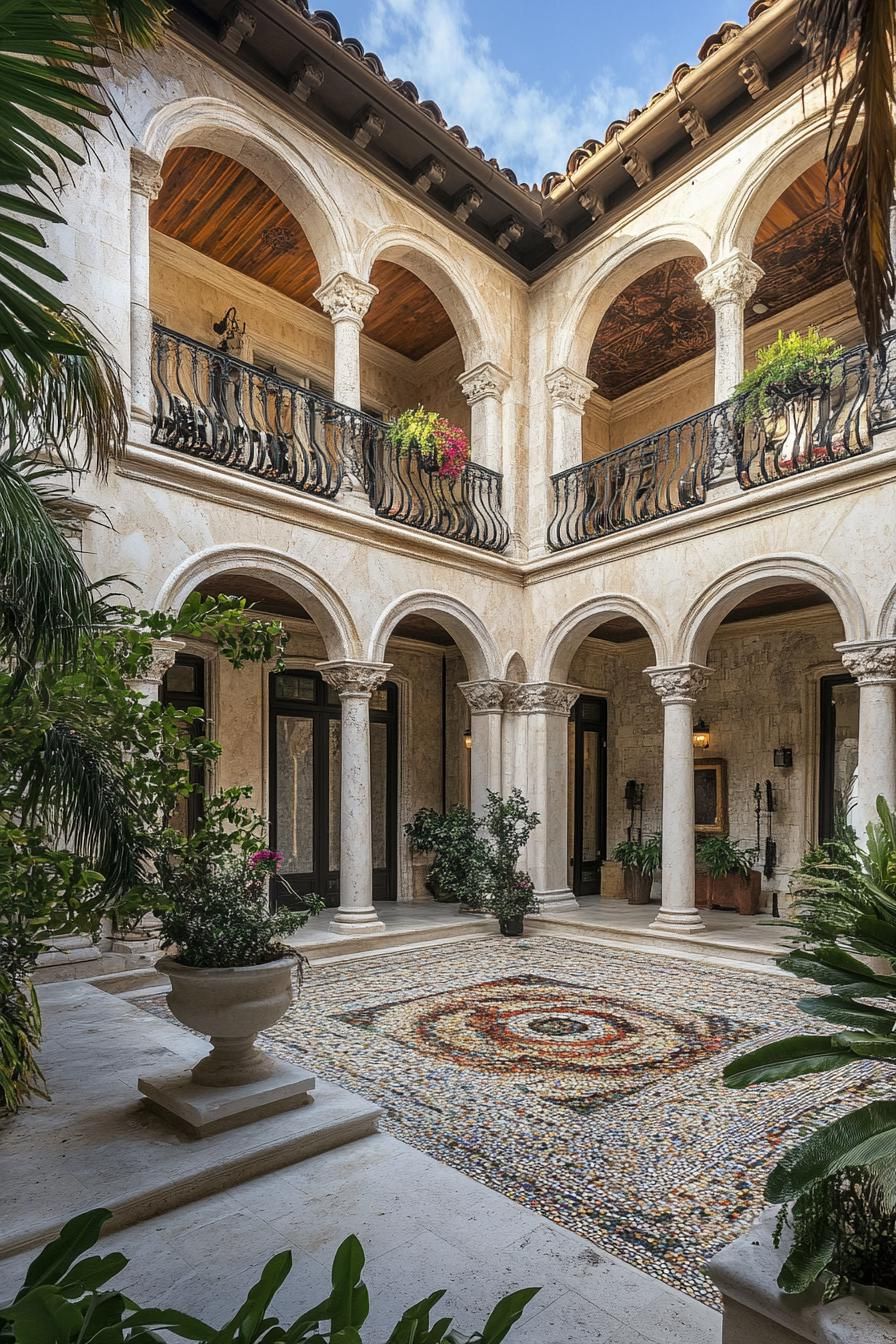 spanish marble house inner courtyard with columns and arches balconies with marble railings mosaic tile floor potted plants 1