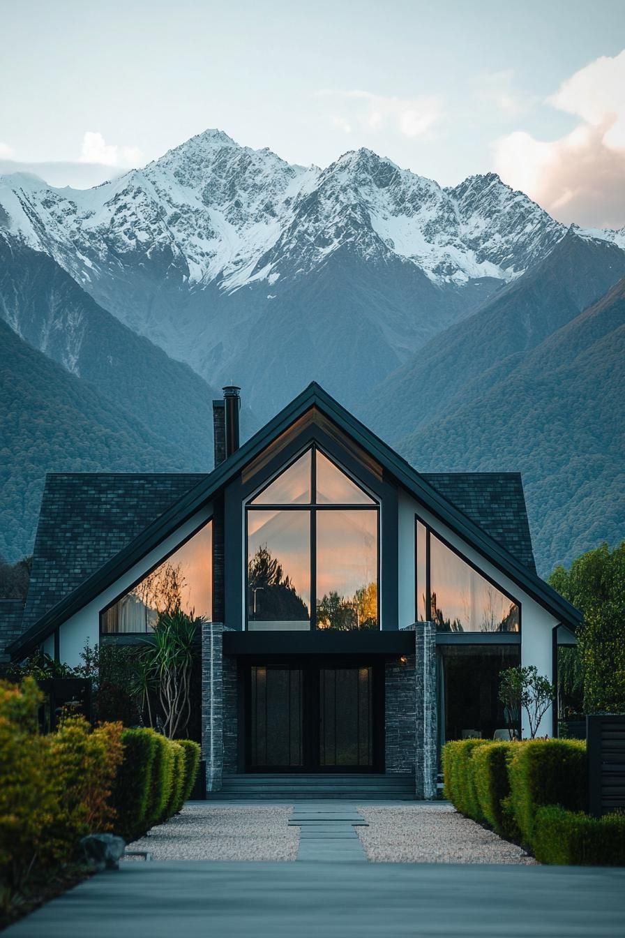modern 90s style house facade with geometric windows stunning mountains in the background 1