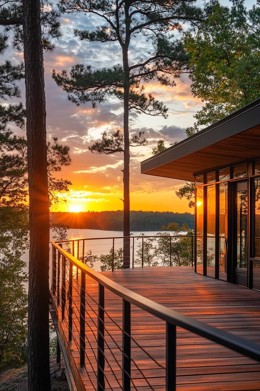 mid century modern cabin with wraparound decks with metal railing lakeside hill sunset 2
