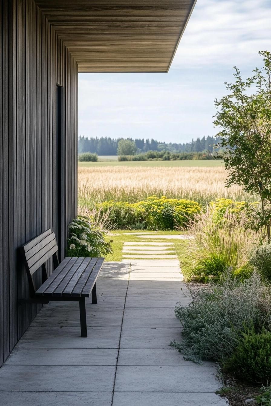 mid century modern house front porch open and minimalist with a single Danish bench Scandinavian fields in the background