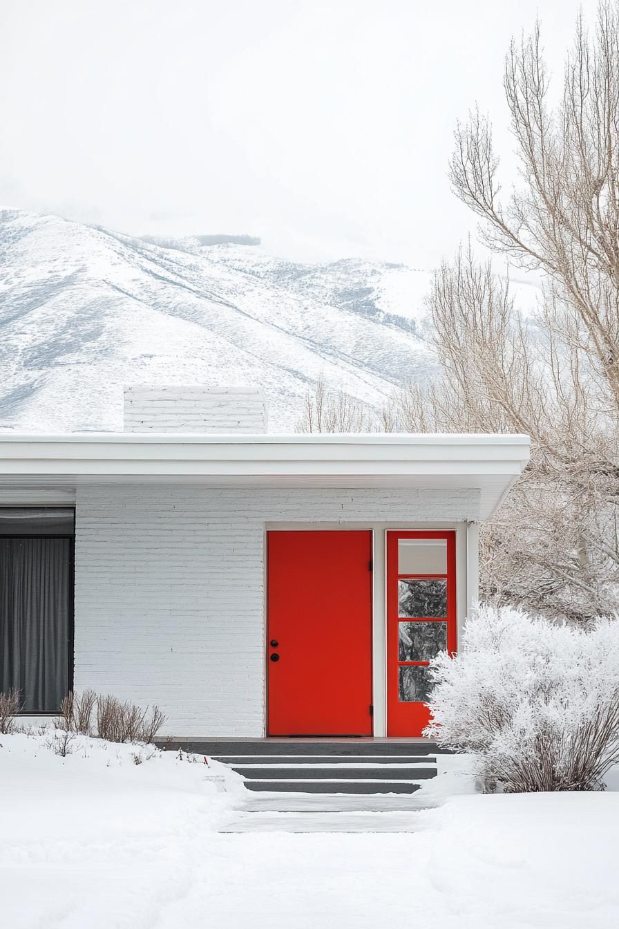 modern 70s style house exterior with vibrant shade of red front door imposing white mountain in the background in winter 3