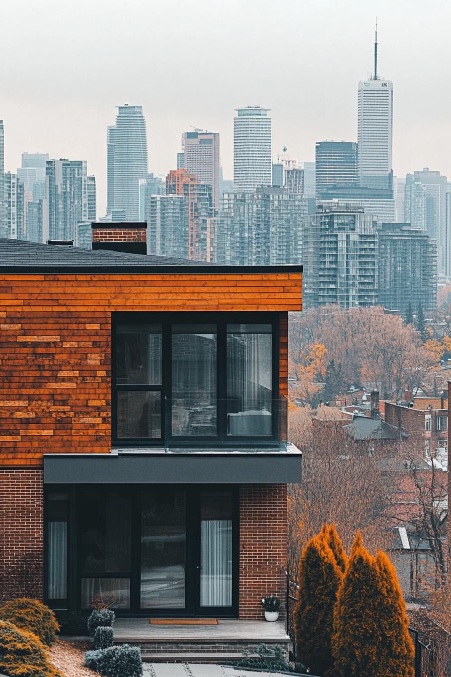 modern 90s style home facade with vintage brickwork accents city skyline in the background 1