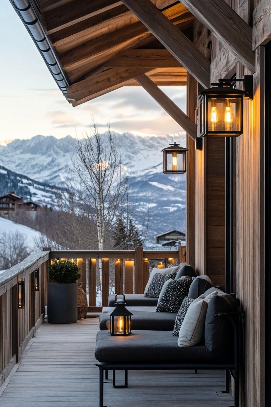 modern French chalet house covered front porch with cozy seating and lantern lighting frontal view snowy mountains in the background