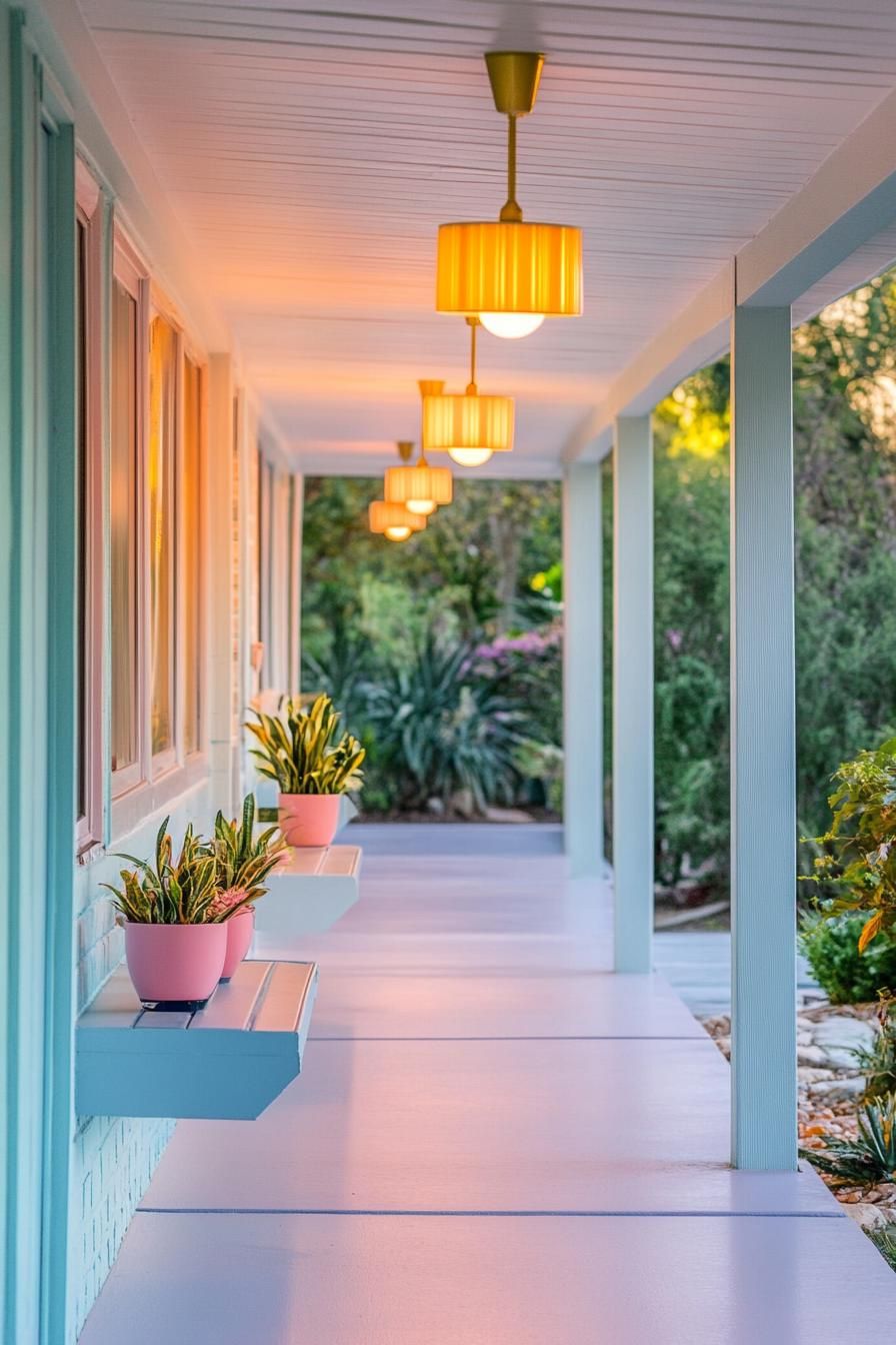 modern 70s style house front porch with retro lighting fixtures in pastel colors 1