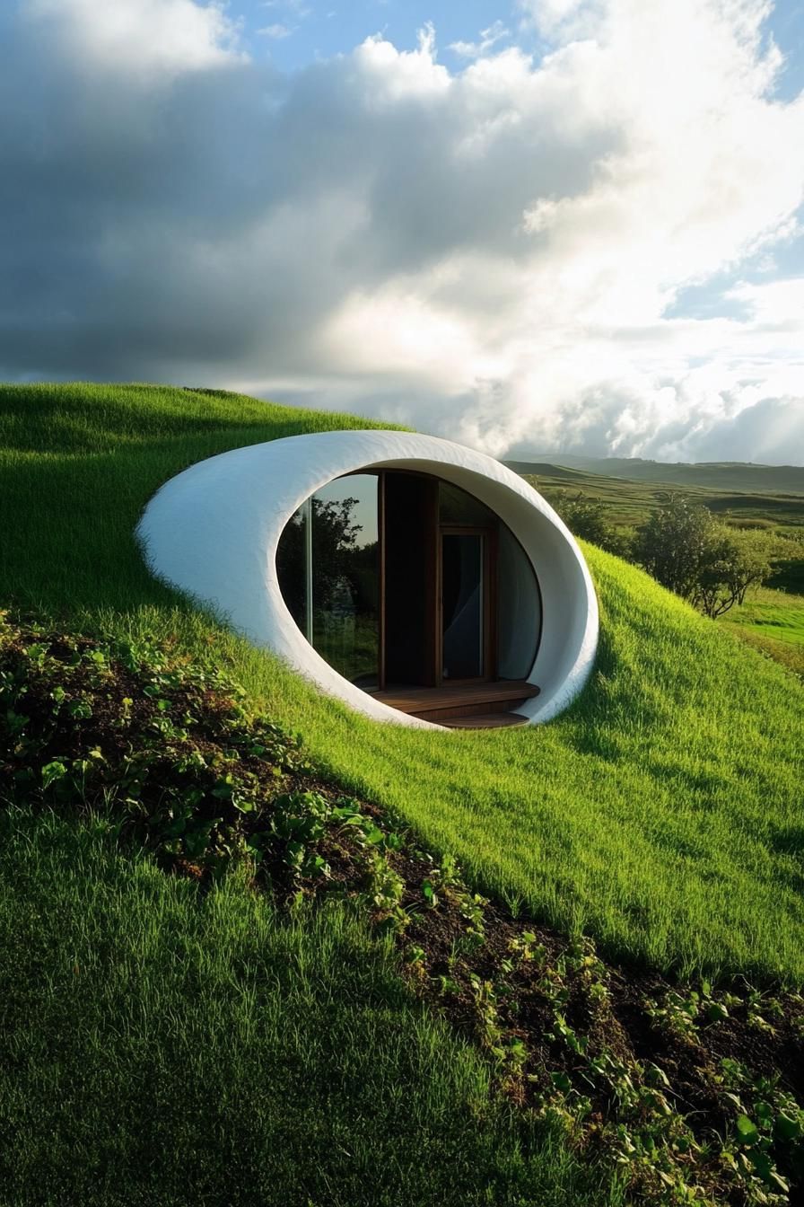 modern earth sheltered hobbit style molded house in a green valley hill