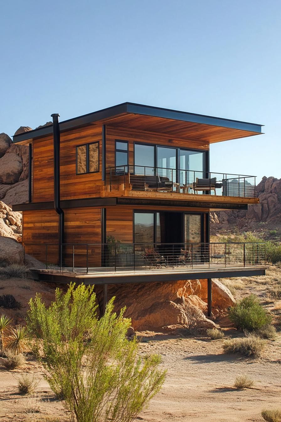 modern timber cabin house two level loft with rooftop deck in an arid picturesque landscape