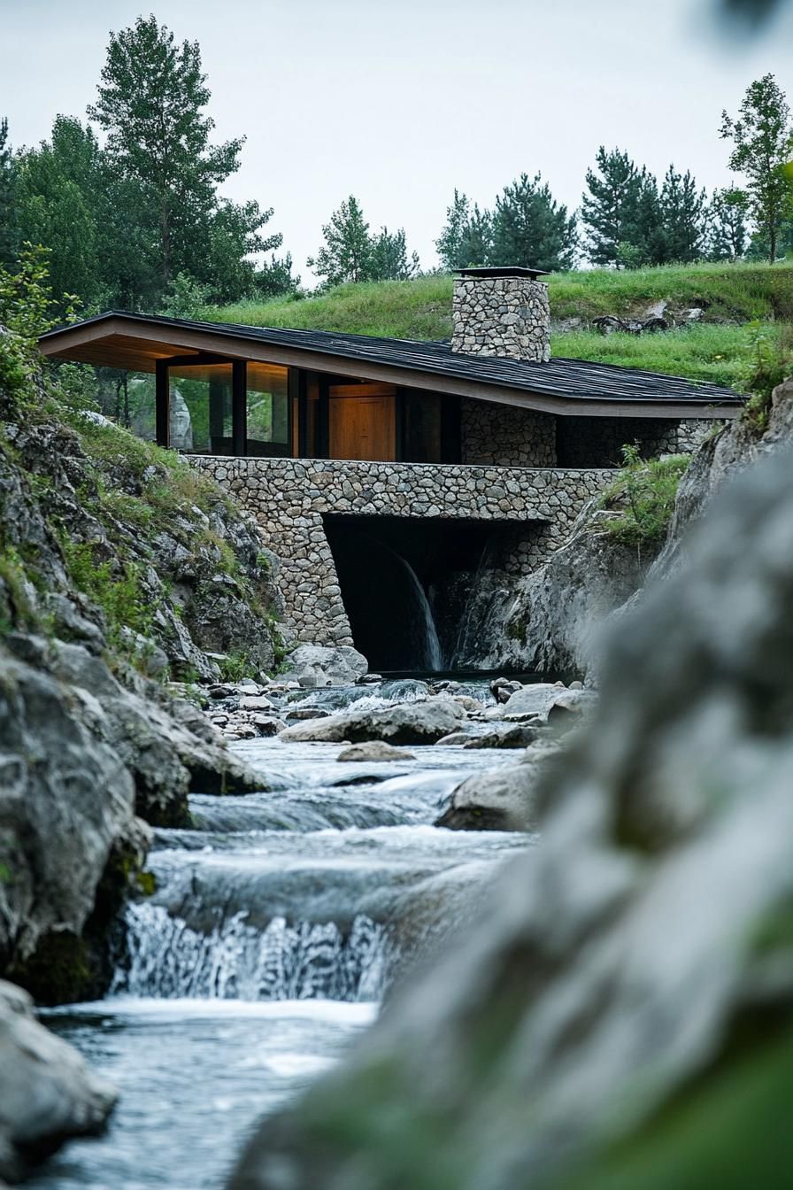 modern earth sheltered house built into a hill by a rocky river with waterfall 1