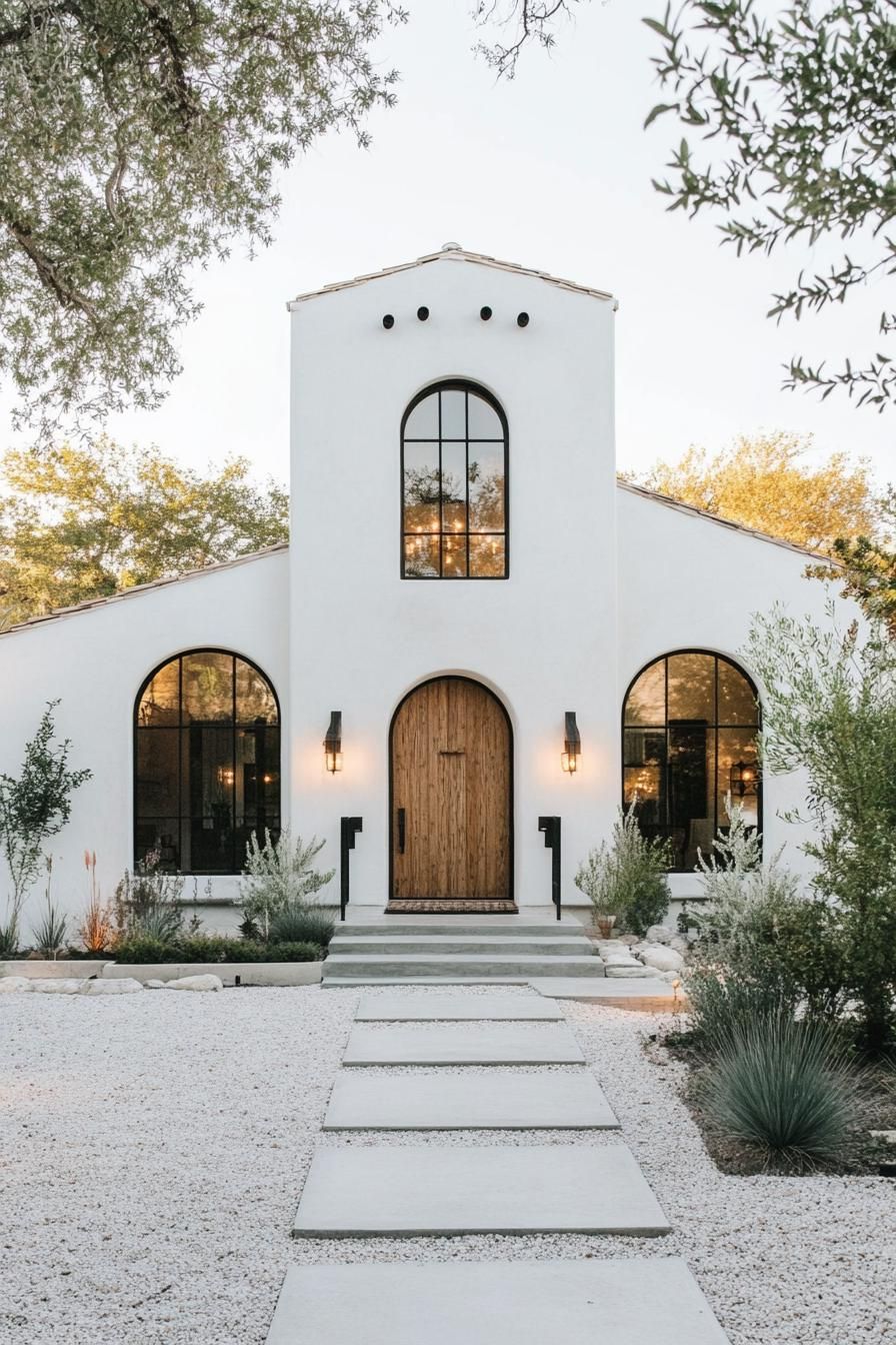 modern spanish house in white stucco modern arched windows in black trim large handcrafted wooden front door modern lamp fixtures gravel yard with 1
