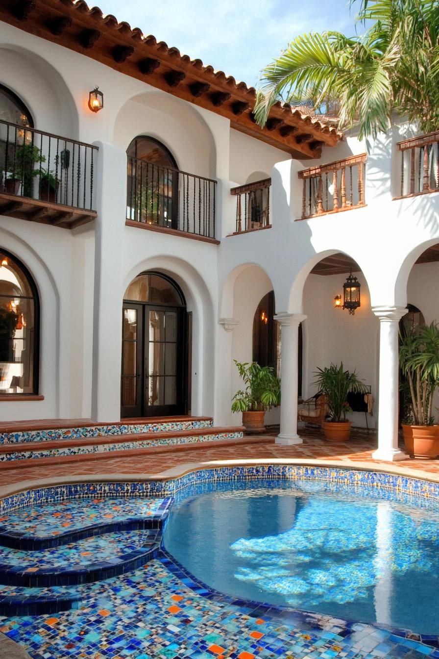 spanish style house inner courtyard house in white stucco columns and arches tiled yard small curvy pool there are mosaic steps on one side 3