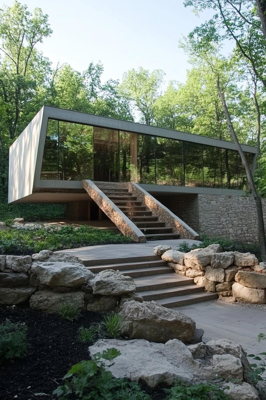 modern earth sheltered house with mirror facade buil into forest hills 1