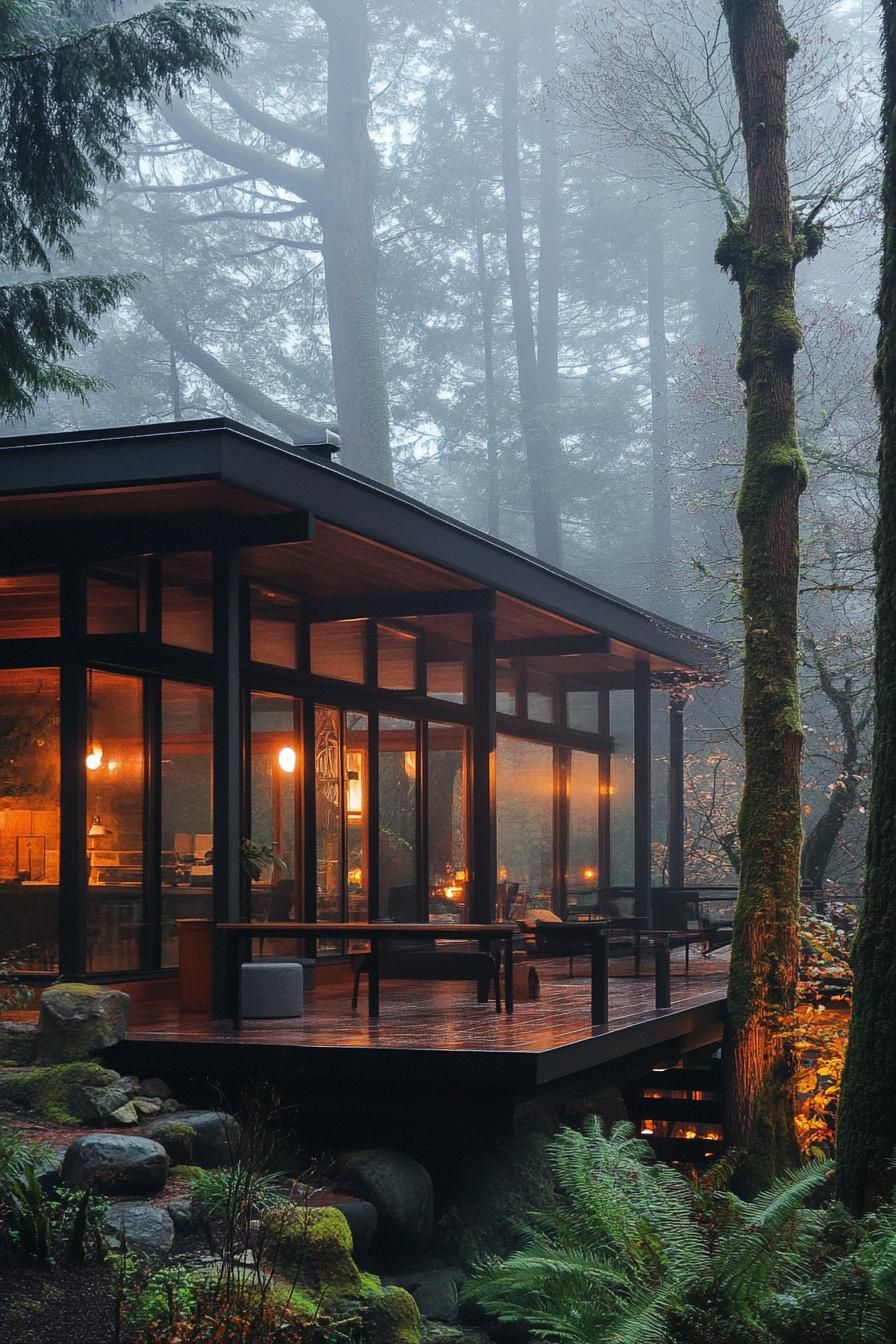 mid century modern cabin facade with exposed steel beams and columns misty Scandinavian woods 2
