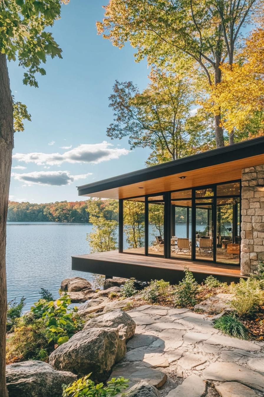 mid century modern cabin with flat roof and large overhangs stunning lakeside views 1