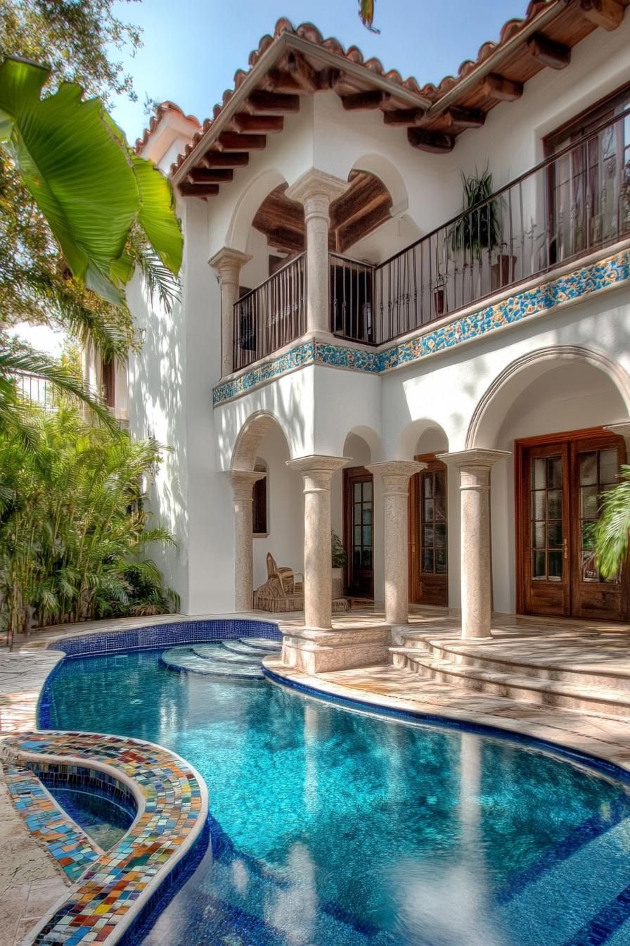 spanish style house inner courtyard house in white stucco columns and arches tiled yard small curvy pool there are mosaic steps on one side
