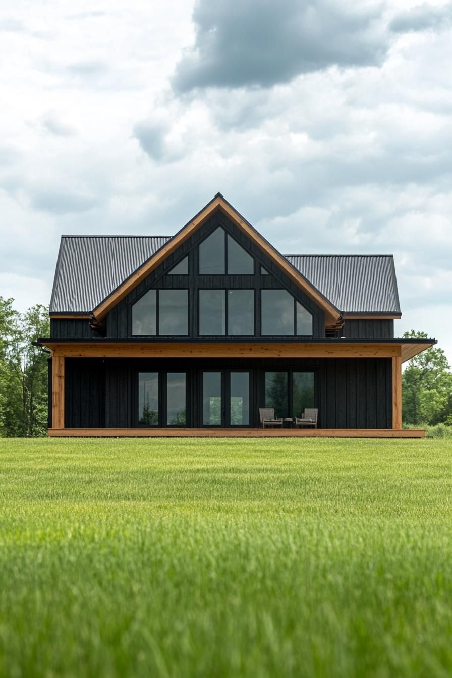modern rural timber framing house facade with minimalist detailing in front a plain green grass of a homestead 2