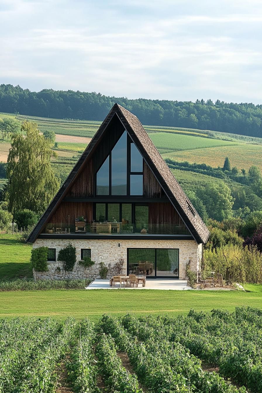 modern French chalet house A frame facade with panoramic windows green provencal fields in the background
