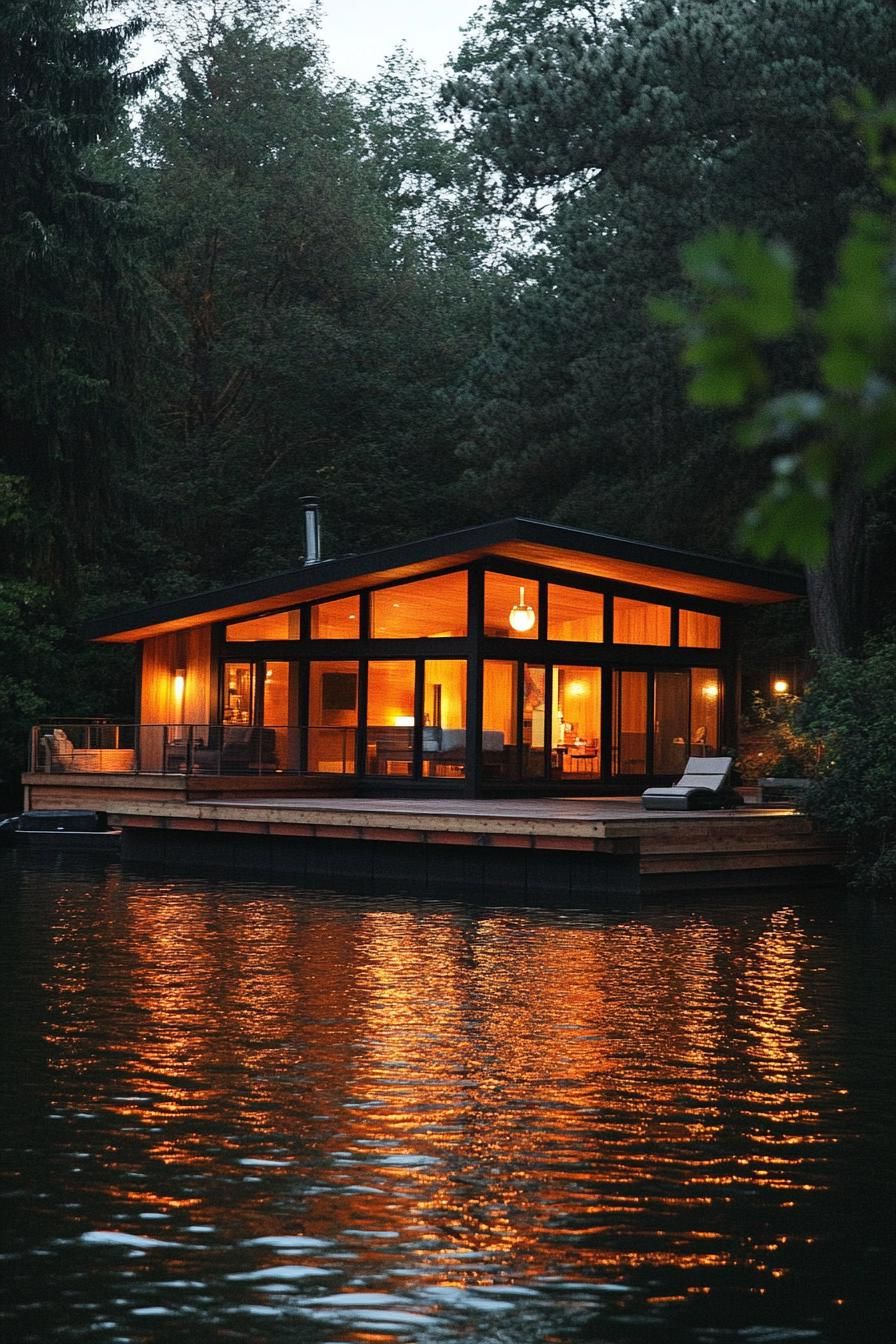 mid century modern cabin with expansive windows and sliding doors floating lake platform 2