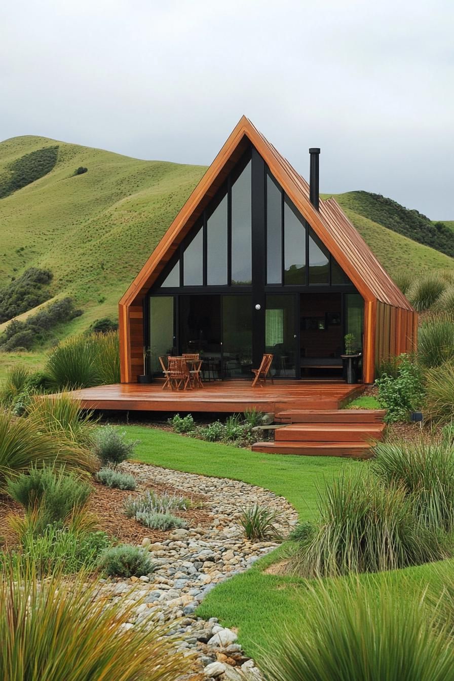 mid century modern cabin assymetrical geometric facade stunning green New Zealand hills 3