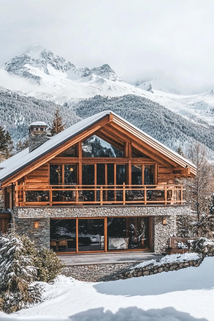 modern French chalet house exterior with wooden beams and stone facade stunning snowy mountains in the background 3