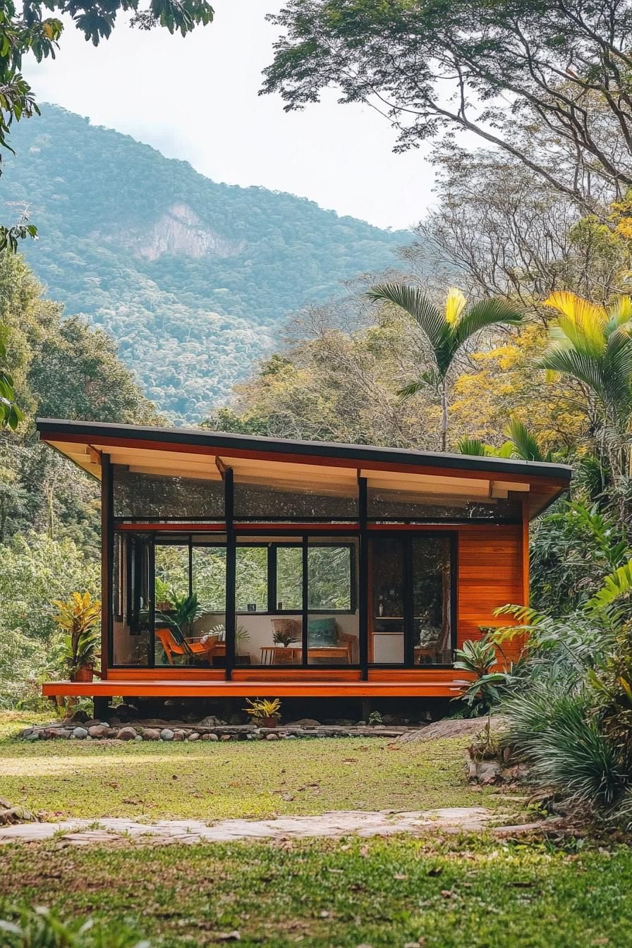 tiny mid century modern cabin exterior with clerestory windows in tropical forest with a mountain in the background