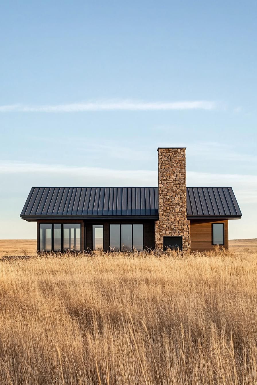 modern rural house facade with stone chimney and metal roof on a stunning prairie ranch 2