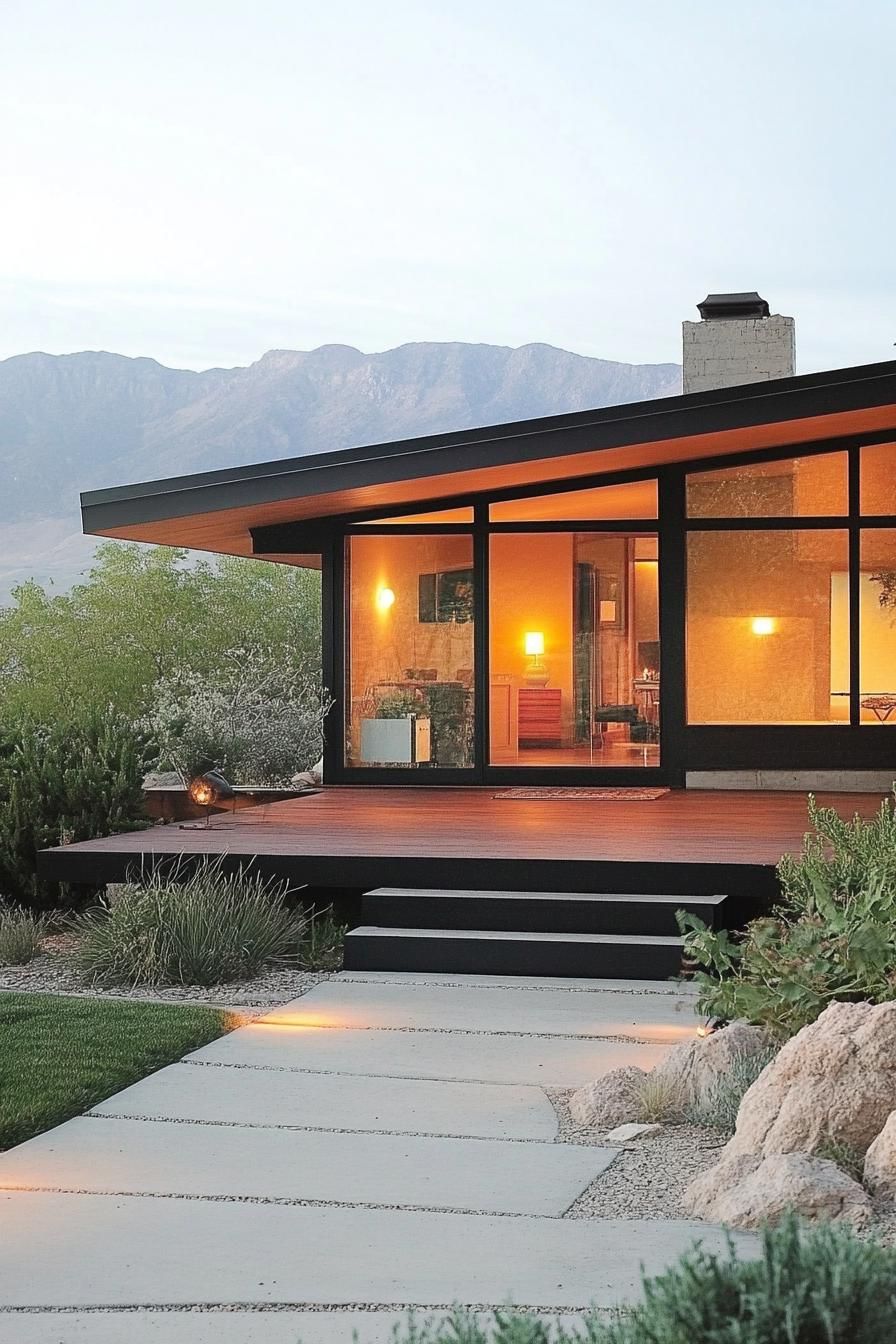 mid century modern house with large windows and sliding doors with front porch stunning mountains in the background 1