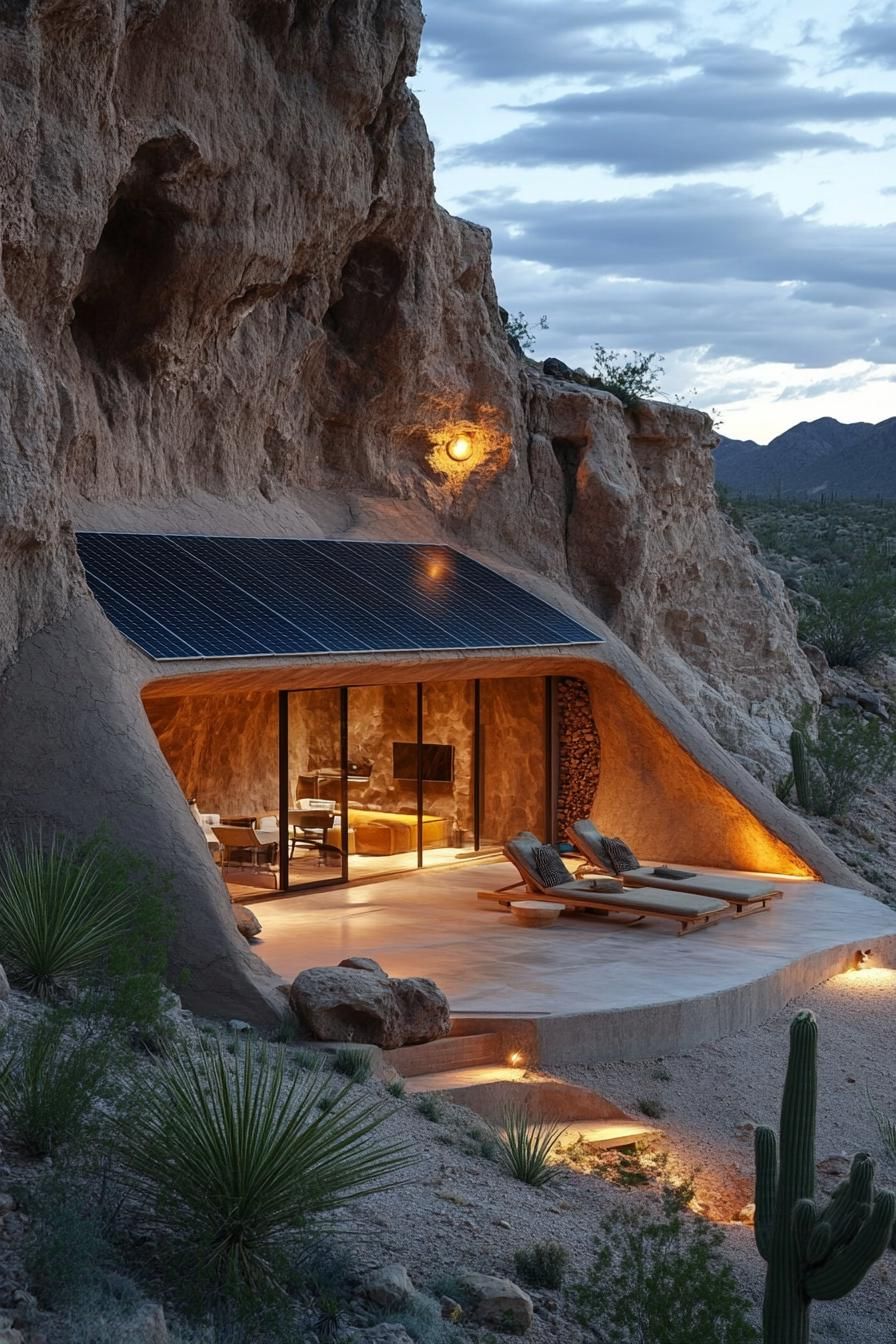 modern earth sheltered house with solar panel facade in stunning desert mountain caves 1