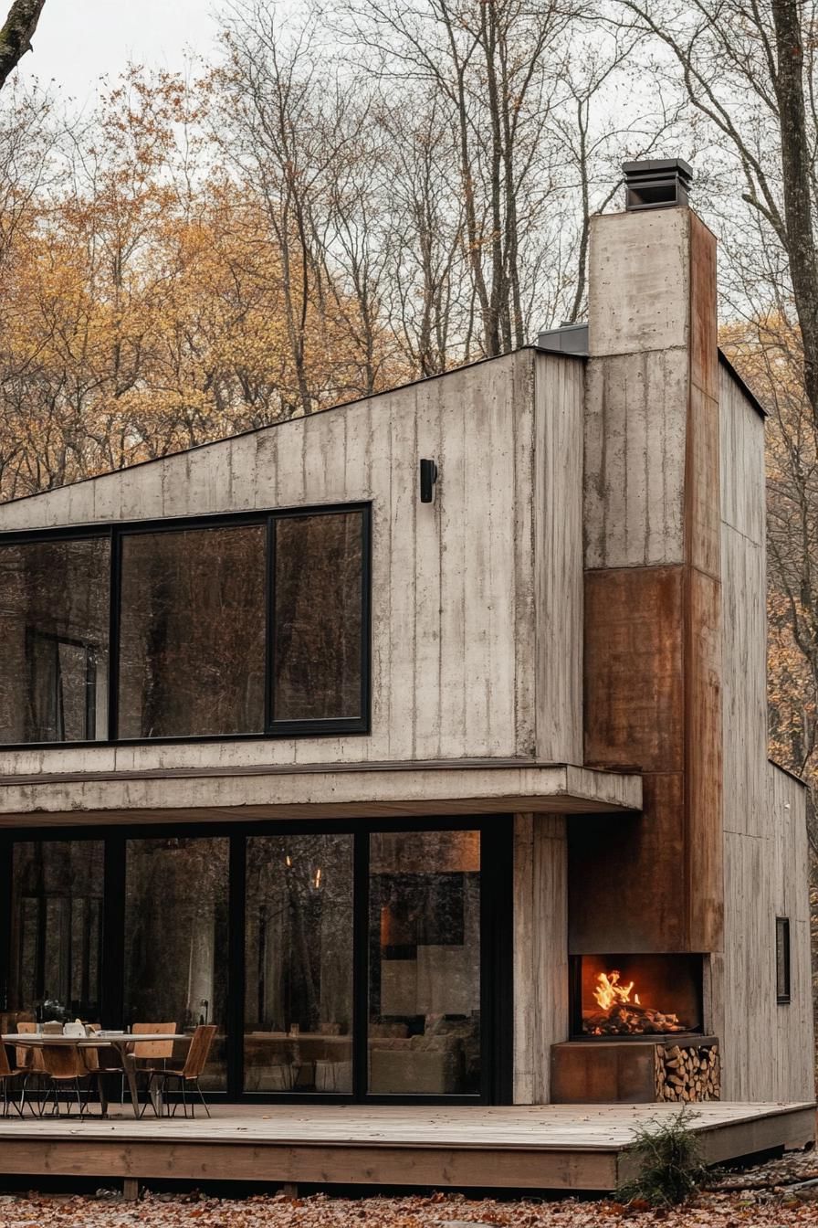 modern house with precast conrete facade built on an old factory with preserved chimney porch with cozy furniture leafless trees in the background in late autumn 3