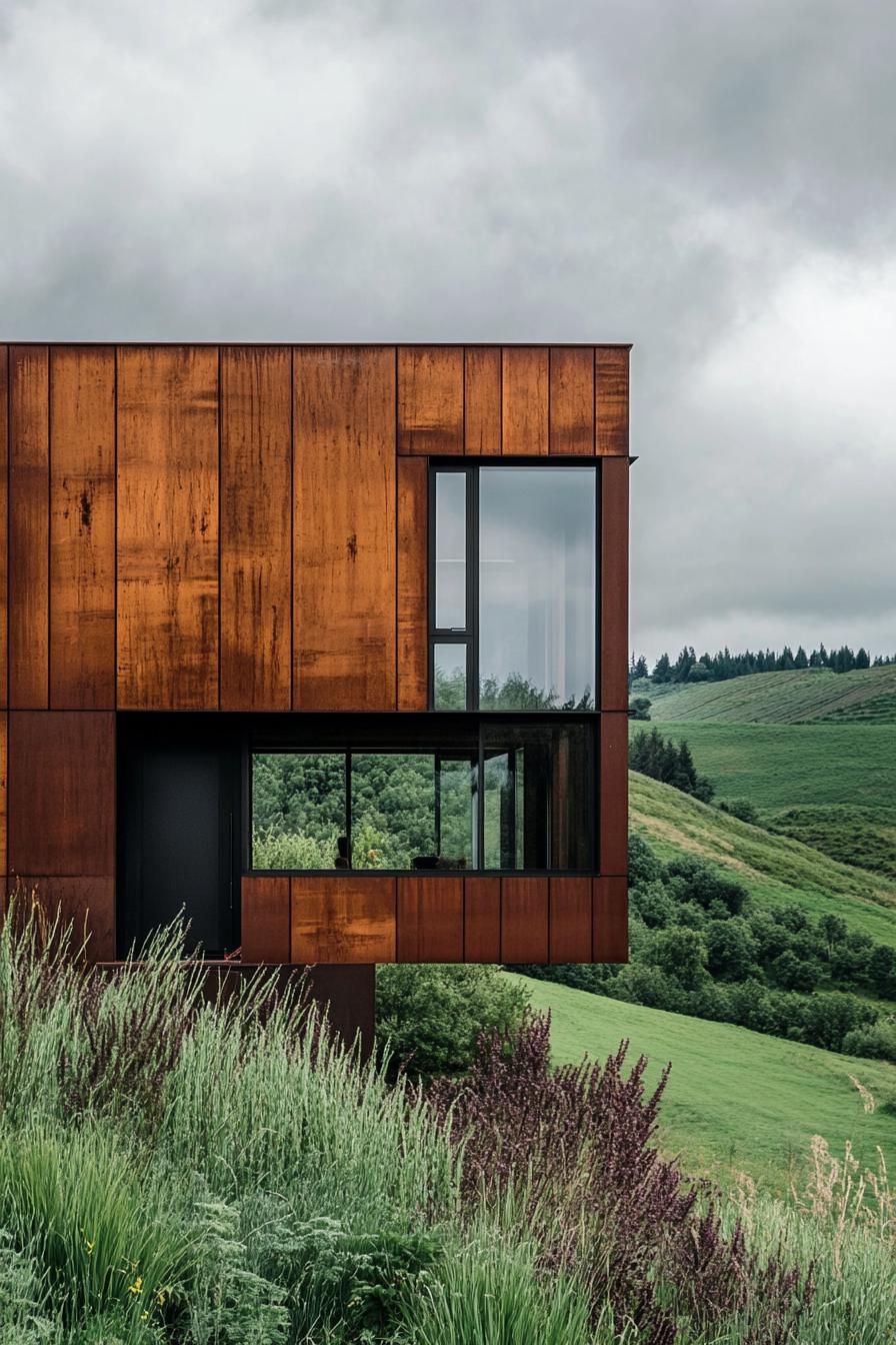 modern rural industrial steel house facade with wood cladding in green hilly valley 1