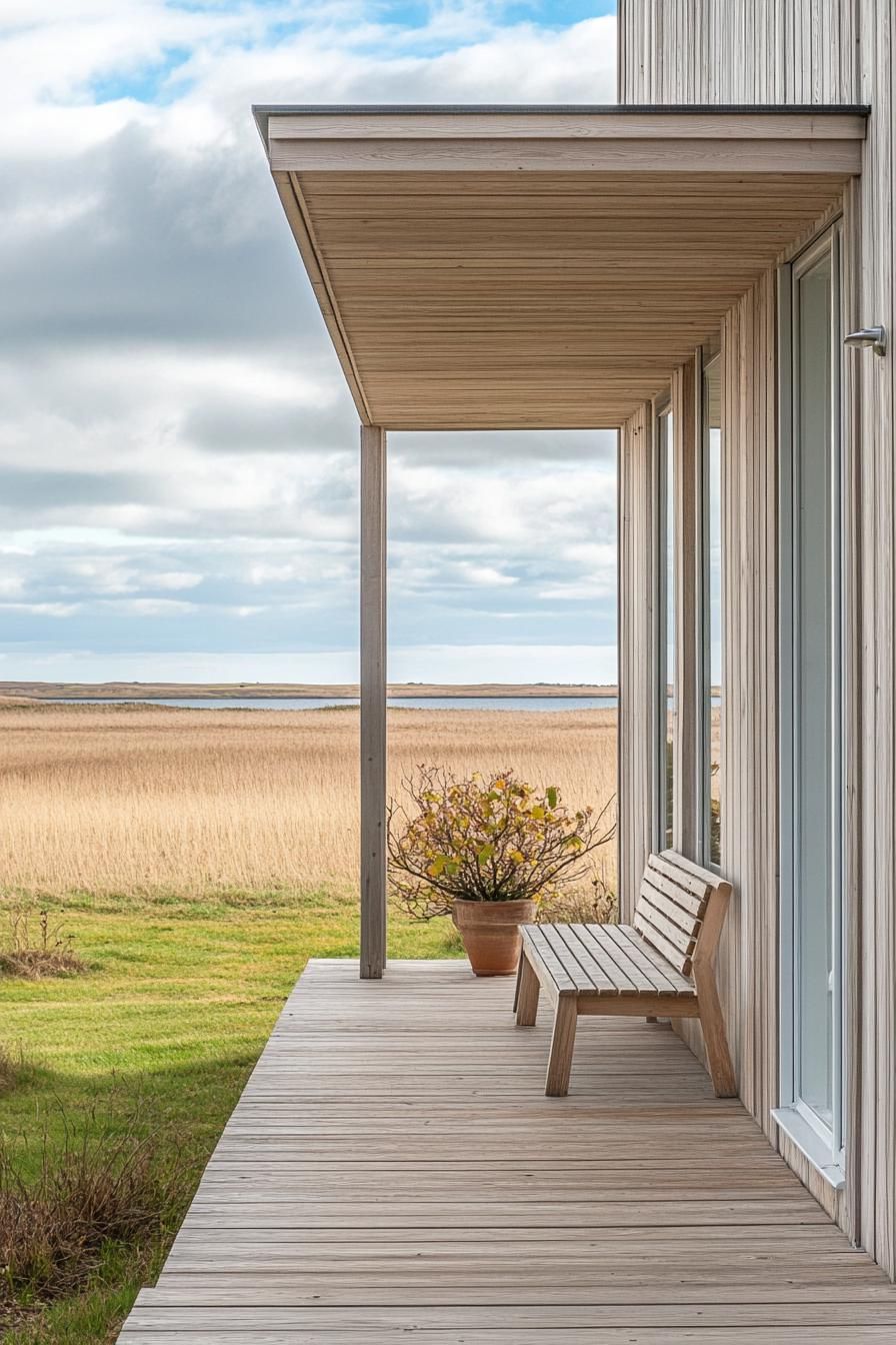 mid century modern house front porch open and minimalist with a single Danish bench Scandinavian fields in the background 2
