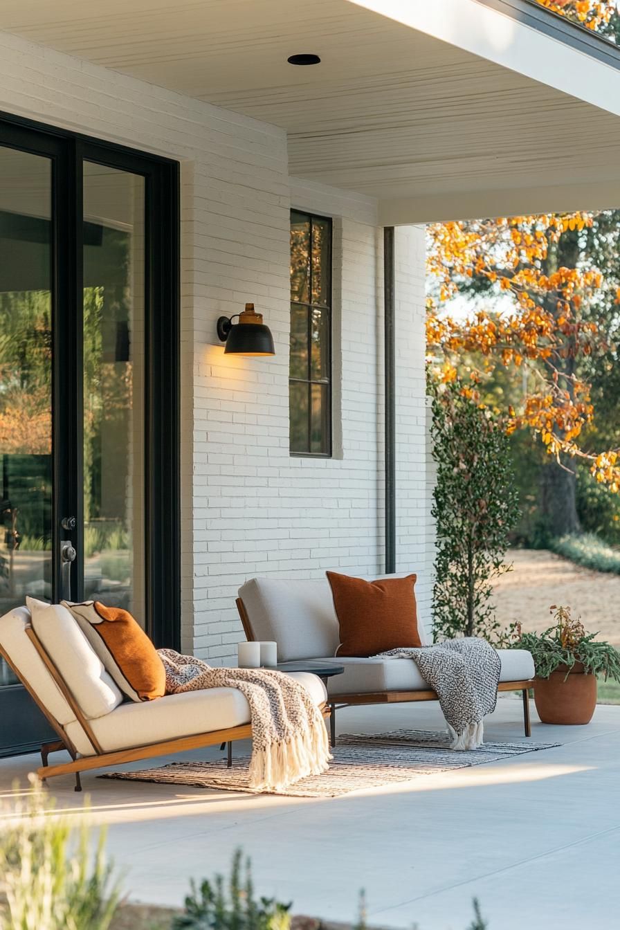 mid century modern house front porch with mid century lighting fixtures and seating draped with throw blanket