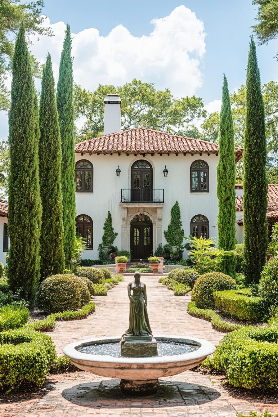 white spanish house yard garden with italian cypress shrubs and central fountain with a statue of a roman goddess v 6.1
