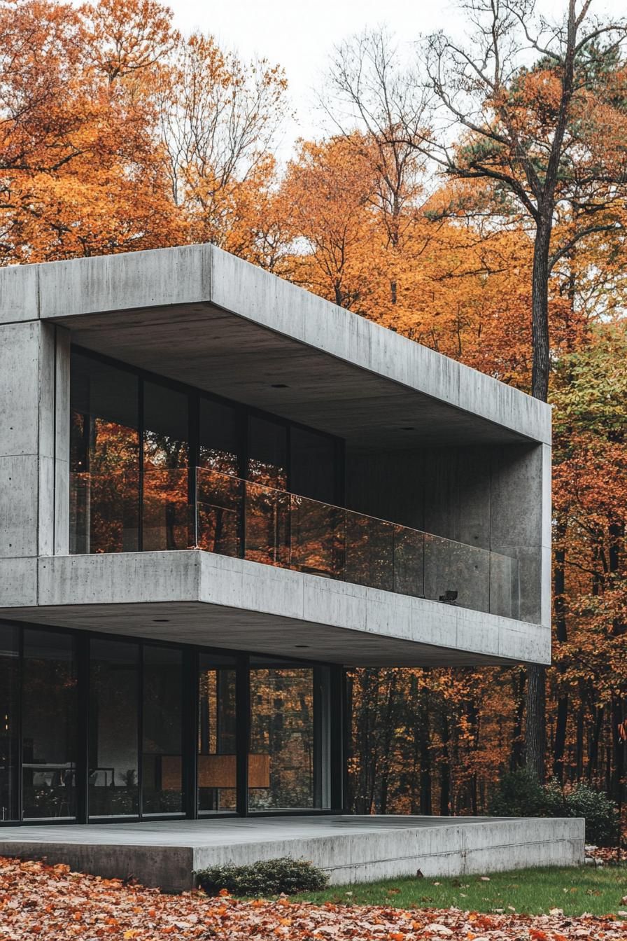 modern 90s style house concrete facade with large windows autumn maple forest in the background