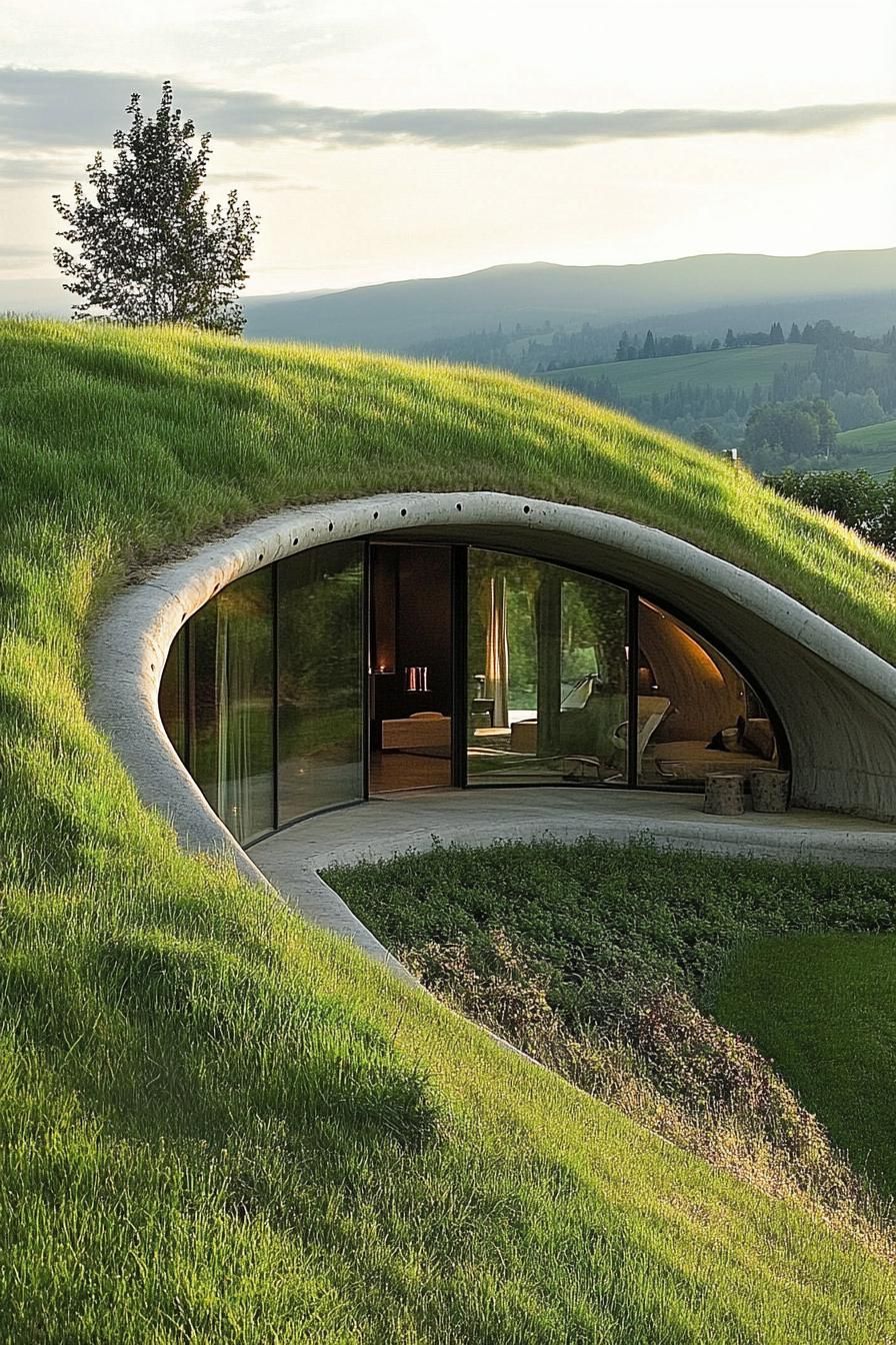 modern earth bermed dome house with grass covered roof in beautiful green valley 2