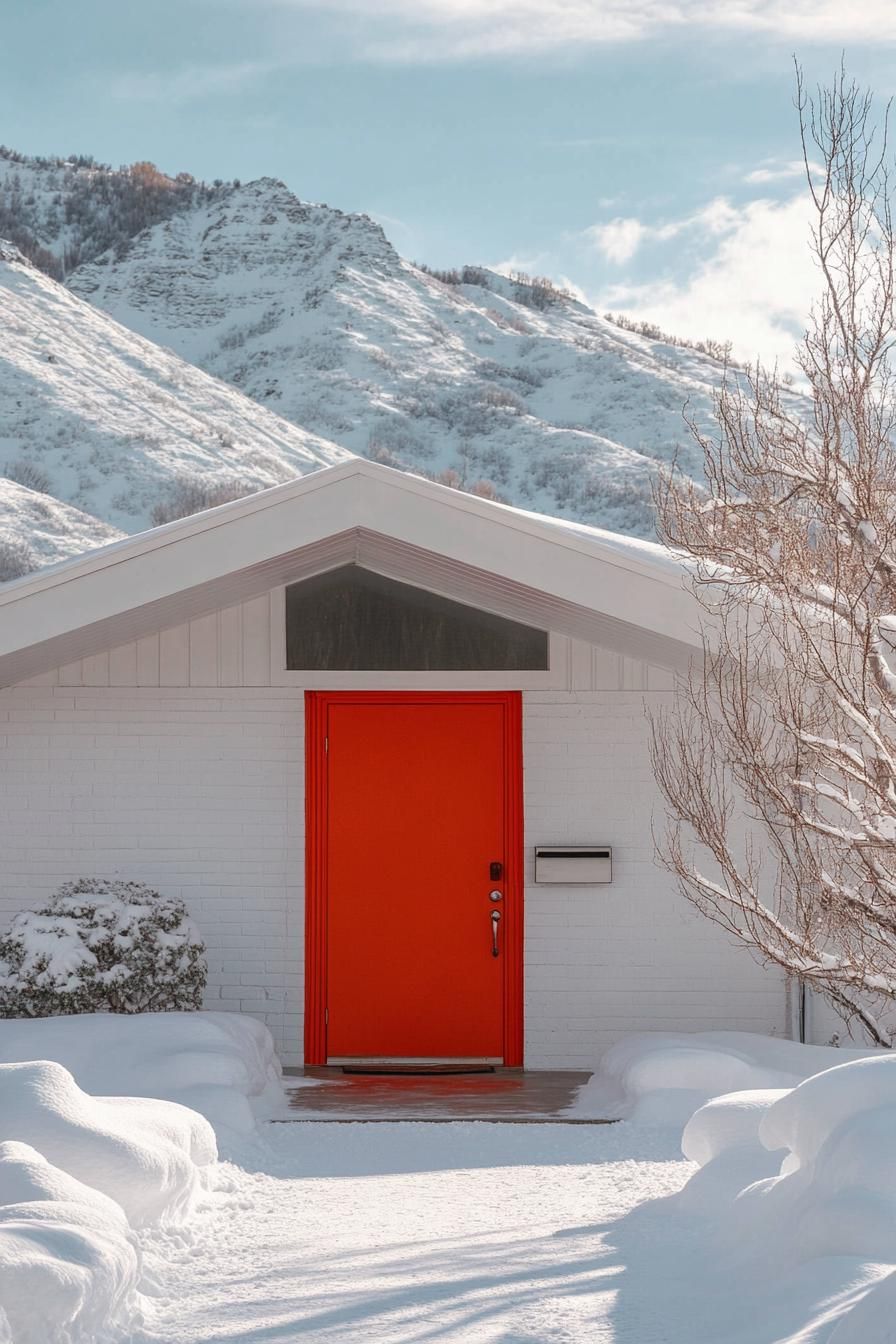 modern 70s style house exterior with vibrant shade of red front door imposing white mountain in the background in winter 2