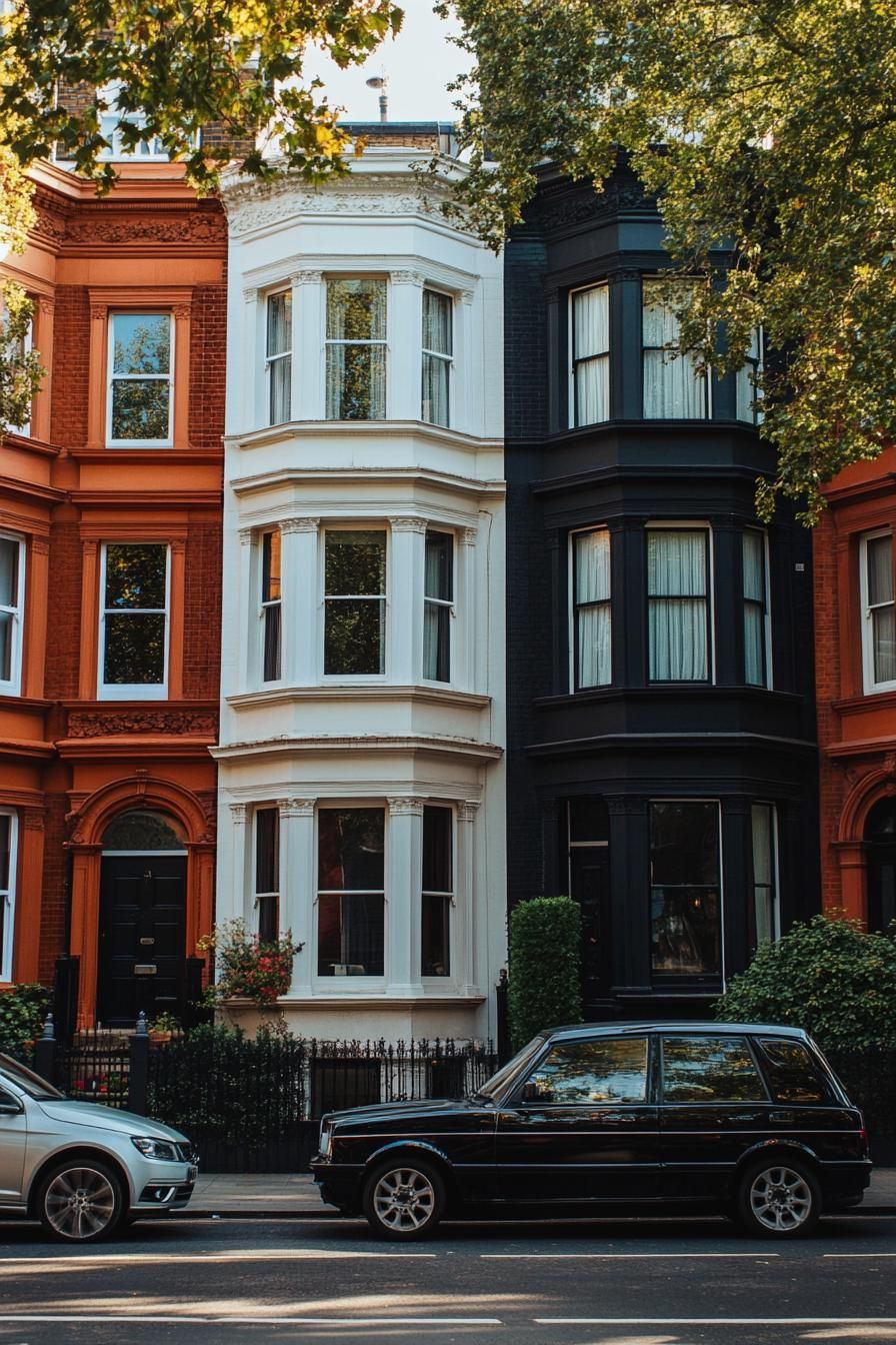 modern 90s style townhouse facade with bay windows uptown London street 1