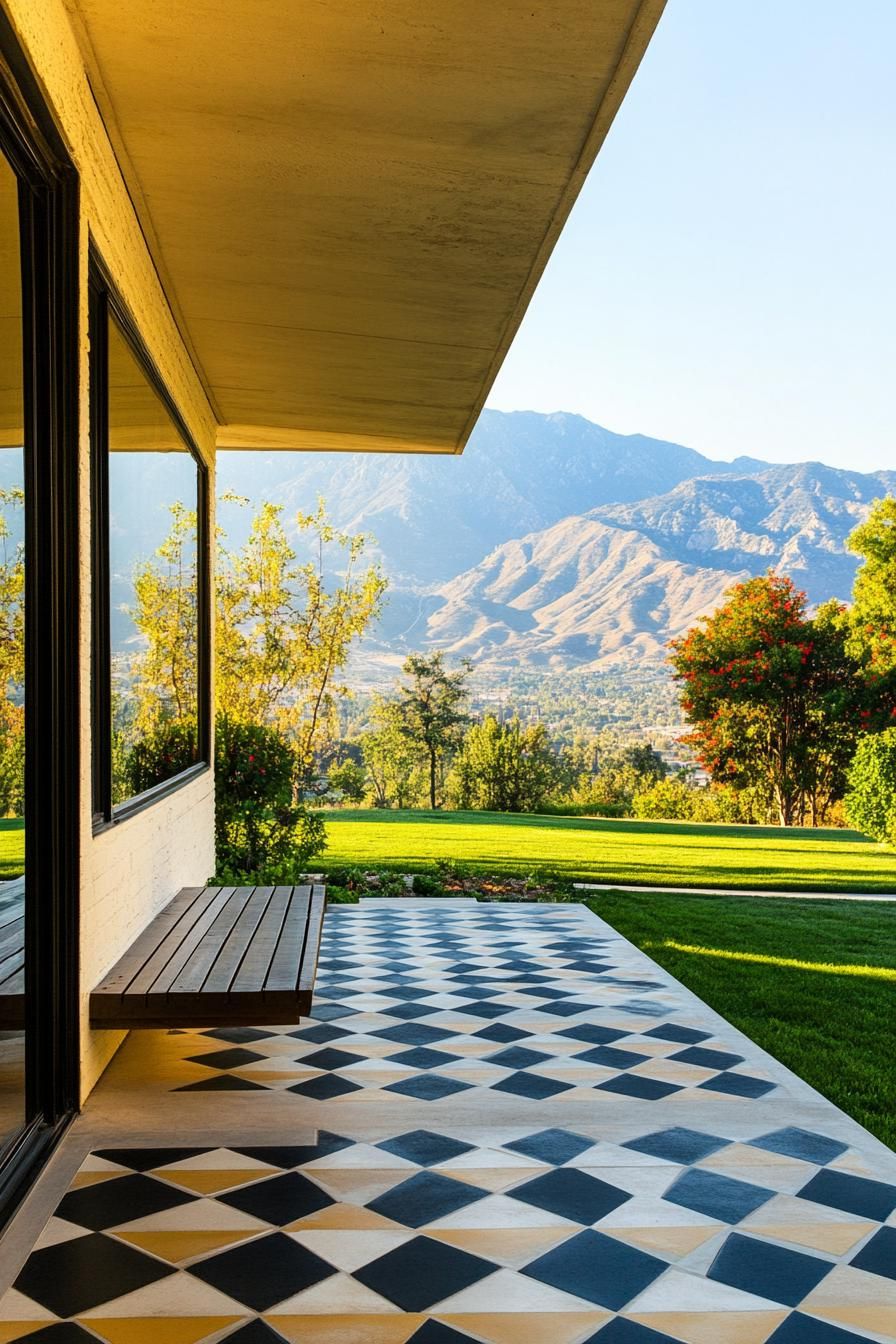 mid century modern house front porch with geometric tile floor green valley in the background