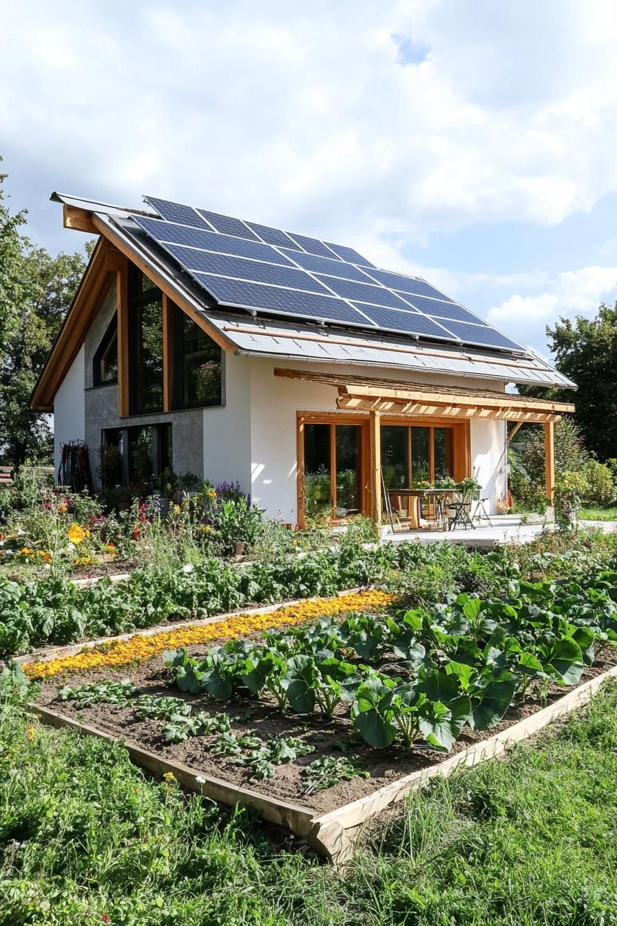 modern rural house with traditional roof and solar panels lush veggie garden in front 2