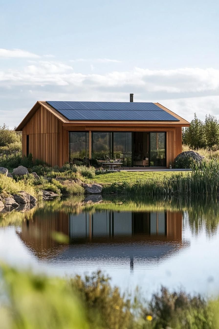 modern timber cabin house with solar panel roof by a lake in open green fields 3
