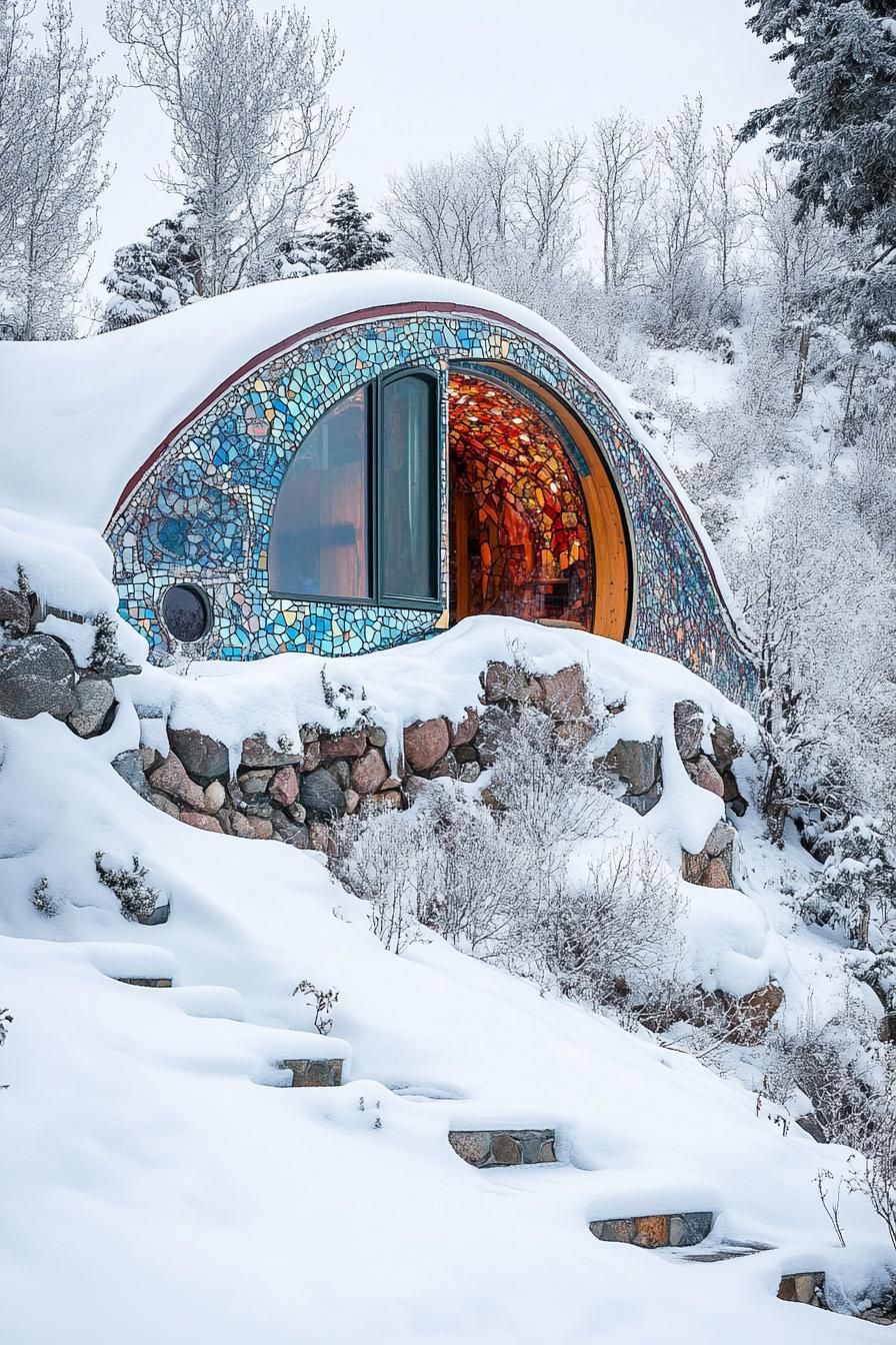 modern earth sheltered house built into a hill with recycled multicolor glass mosaic facade in winter covered in snow