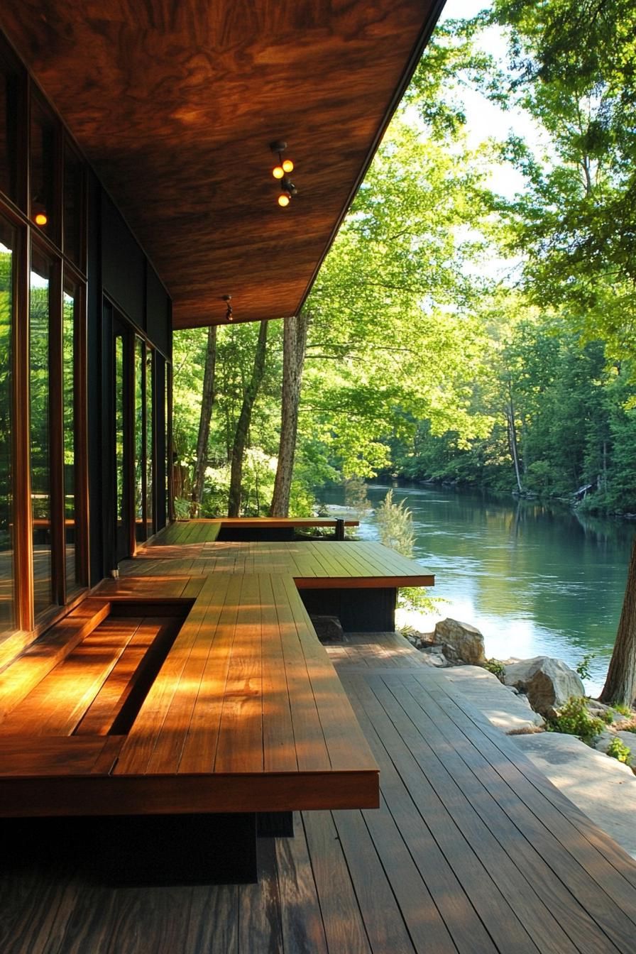 mid century modern house front porch with built in benches with a river lined with trees visible 3
