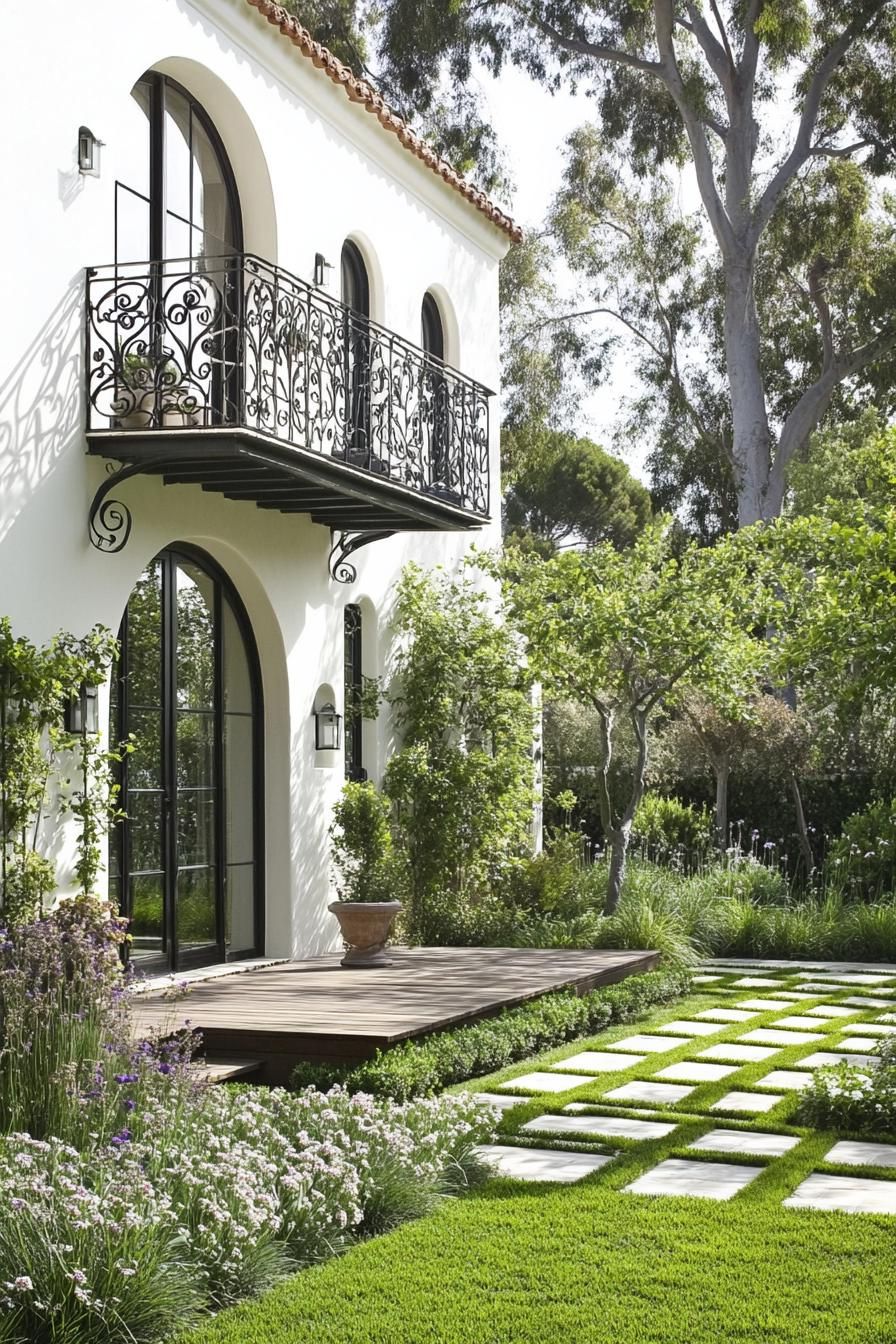 small modern white spanish house with arched modern windows balcony with iron railings and ornate braces small wooden deck under the balcony grass