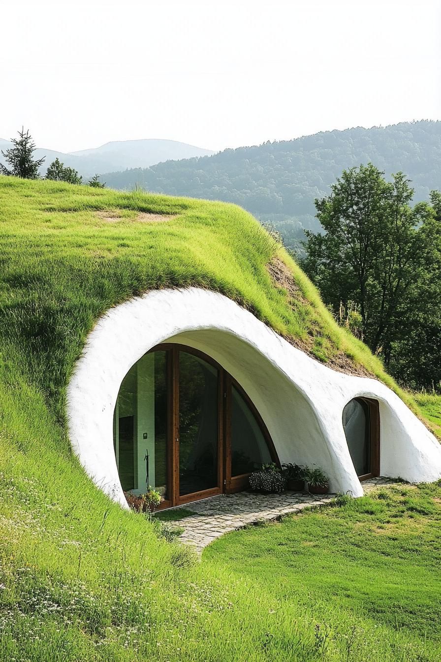 modern earth bermed dome house with grass covered roof in beautiful green valley 3