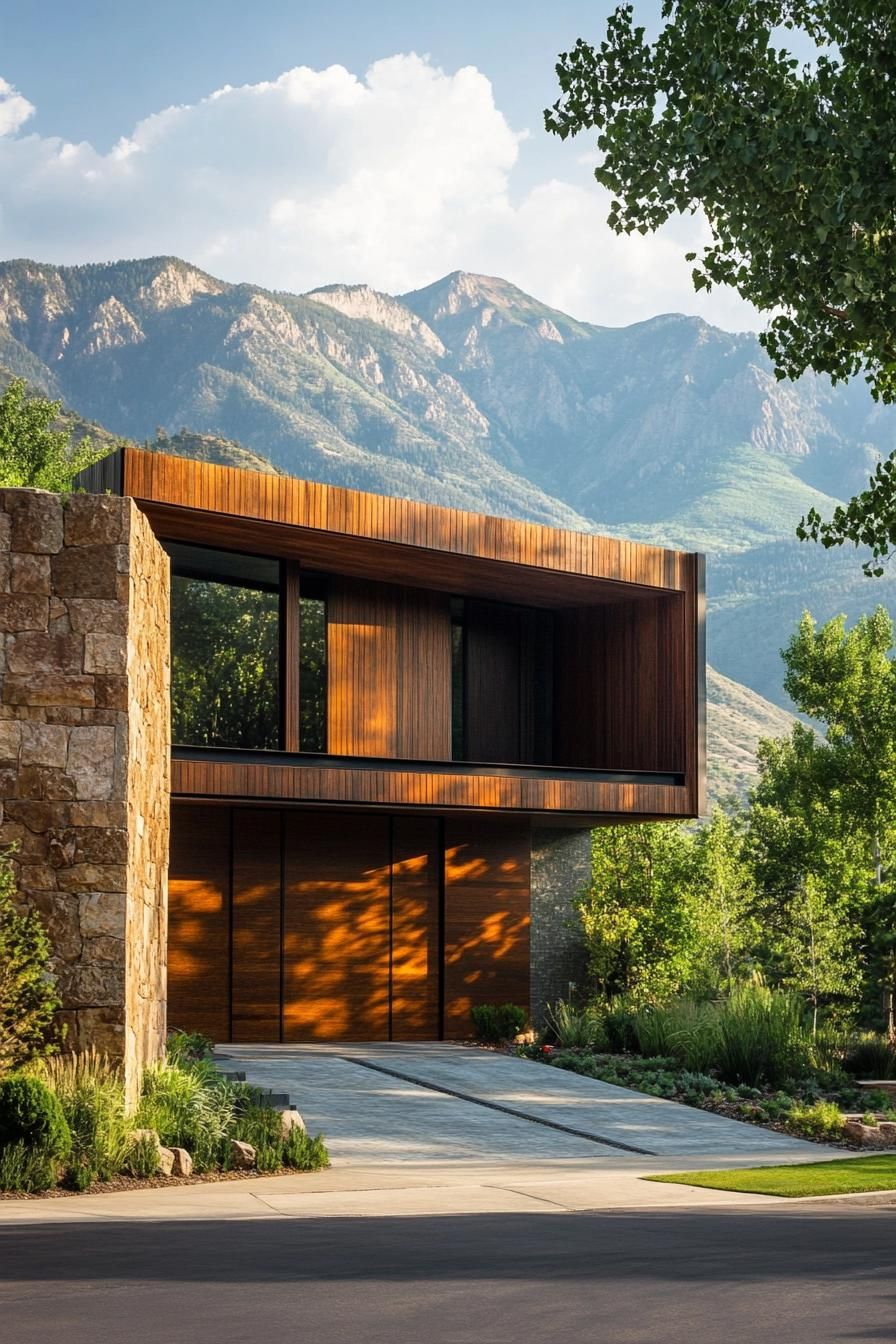 modern 70s style house facade with geometric wood paneling stunning mountain views 3