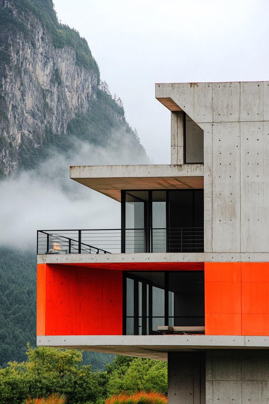 modern house with precast concrete facade with vibrant red sections misty ominous mountain in the background 3