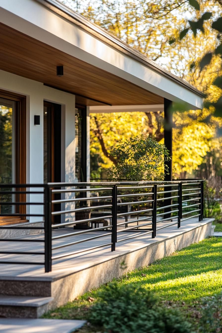 modern century house front porch with metal horizontal railings yard with trees visible 1